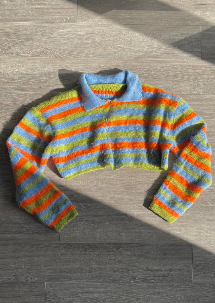 Striped Cropped Fuzzy Cardigan with Full Irregular Zipper