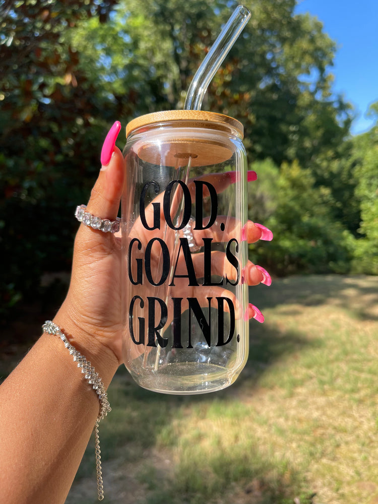 God. Goals. Grind. 16 oz. Glass Can Tumbler