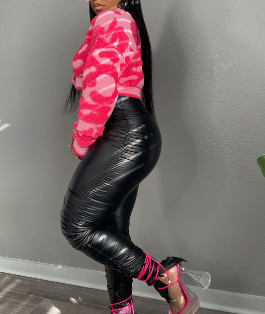 bold and trendy black ruched leggings with slit hem and string